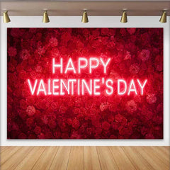 Lofaris Happy Valentine's Day Neon Sign Backdrop, Red Rose Floral Wall for Romantic Party Decoration, Sweet Heart Photography Prop