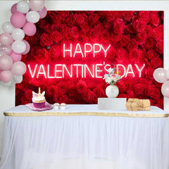 Lofaris Neon Happy Valentine's Day Backdrop, Red Rose Flower Wall for Romantic Celebration, Floral Wedding Photography Background