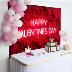 Lofaris Neon Happy Valentine's Day Backdrop, Red Rose Flower Wall for Romantic Celebration, Floral Wedding Photography Background