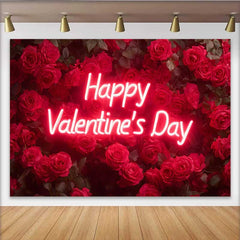 Lofaris Neon Script Happy Valentine's Day Backdrop, Deep Red Rose Wall for Romantic Anniversary, Floral Wedding Party Decoration