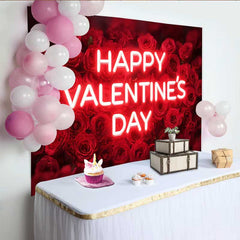 Lofaris Neon Text Happy Valentine's Day Backdrop, Red Rose Floral Field for Wedding Party, Romantic Photography Studio Background