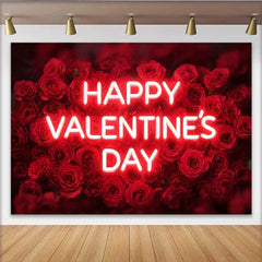 Lofaris Neon Text Happy Valentine's Day Backdrop, Red Rose Floral Field for Wedding Party, Romantic Photography Studio Background