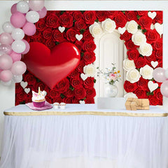 Lofaris Red Rose Wall Backdrop with White Door, 3D Heart and Floral Wedding Decoration, Romantic Valentine's Day Photography Prop