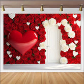 Lofaris Red Rose Wall Backdrop with White Door, 3D Heart and Floral Wedding Decoration, Romantic Valentine's Day Photography Prop