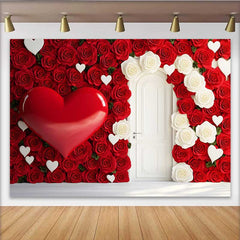 Lofaris Red Rose Wall Backdrop with White Door, 3D Heart and Floral Wedding Decoration, Romantic Valentine's Day Photography Prop