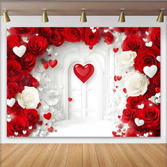 Lofaris White Arch Door Floral Backdrop, Red and White Roses for Valentine's Day Wedding, Romantic Photography Studio Background