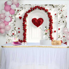 Lofaris Red Rose Heart Arch Backdrop, White Door and Green Vines for Valentine's Day, Romantic Wedding Photography Background