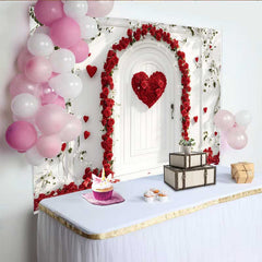 Lofaris Red Rose Heart Arch Backdrop, White Door and Green Vines for Valentine's Day, Romantic Wedding Photography Background