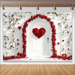 Lofaris Red Rose Heart Arch Backdrop, White Door and Green Vines for Valentine's Day, Romantic Wedding Photography Background