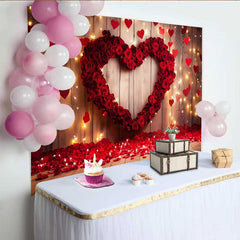 Lofaris Valentine's Day Backdrop, Red Rose Heart Hanging Hearts Rustic Wood Prop