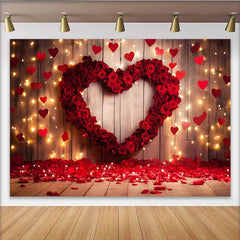 Lofaris Valentine's Day Backdrop, Red Rose Heart Hanging Hearts Rustic Wood Prop