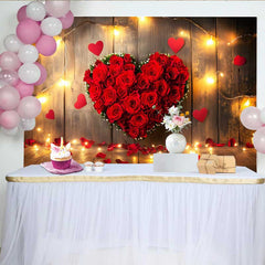 Lofaris Valentine's Day Backdrop, Red Rose Floral Heart String Lights Rustic Wood