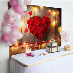 Lofaris Valentine's Day Backdrop, Red Rose Floral Heart String Lights Rustic Wood