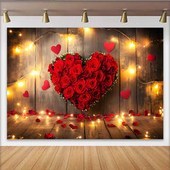 Lofaris Valentine's Day Backdrop, Red Rose Floral Heart String Lights Rustic Wood