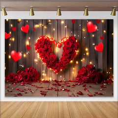 Lofaris Red Rose Heart Valentines Day Backdrop, Glowing Fairy Lights and Rustic Wood Party Decoration