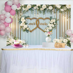 Lofaris Mr and Mrs Double Gold Hearts Wedding Backdrop, White Floral and Blue Wood Party Decoration