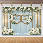 Lofaris Mr and Mrs Double Gold Hearts Wedding Backdrop, White Floral and Blue Wood Party Decoration