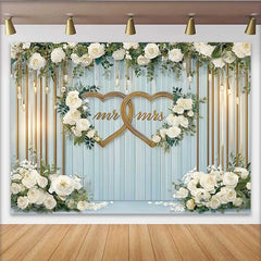 Lofaris Mr and Mrs Double Gold Hearts Wedding Backdrop, White Floral and Blue Wood Party Decoration