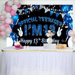 Lofaris Blue Balloons Official Teenager 13th Birthday Backdrop, IM 13 Galaxy Stars Milestone Party Decor