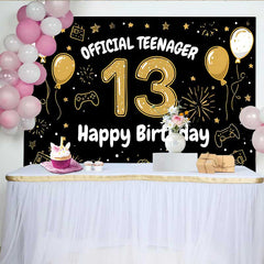 Lofaris Hand Drawn Gold 13th Birthday Backdrop, Official Teenager 13 Gaming Theme Party Decoration