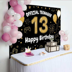 Lofaris Hand Drawn Gold 13th Birthday Backdrop, Official Teenager 13 Gaming Theme Party Decoration