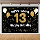 Lofaris Hand Drawn Gold 13th Birthday Backdrop, Official Teenager 13 Gaming Theme Party Decoration