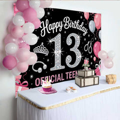 Lofaris Pink and Silver 13th Birthday Backdrop, Official Teenager 13 Tiara and Pearls Party Decoration