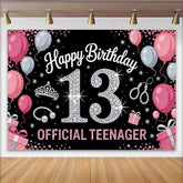 Lofaris Pink and Silver 13th Birthday Backdrop, Official Teenager 13 Tiara and Pearls Party Decoration
