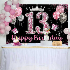 Lofaris Pink Glitter 13th Birthday Backdrop, Official Teenager 13 Silver Crown Party Decoration