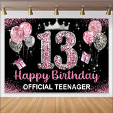 Lofaris Pink Glitter 13th Birthday Backdrop, Official Teenager 13 Silver Crown Party Decoration