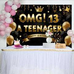 Lofaris Gold and Black OMG 13th Birthday Backdrop, 13 A Teenager Milestone Party Decoration