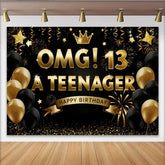 Lofaris Gold and Black OMG 13th Birthday Backdrop, 13 A Teenager Milestone Party Decoration