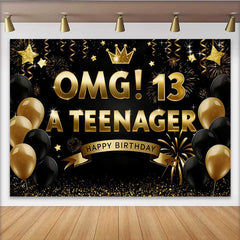 Lofaris Gold and Black OMG 13th Birthday Backdrop, 13 A Teenager Milestone Party Decoration