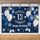Lofaris Navy and Silver Gaming 13th Birthday Backdrop, Official Teenager 13 Glitter Stars Party Decoration