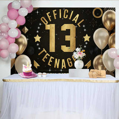 Lofaris Gold and Black Official Teenager 13th Birthday Backdrop, Modern Graphic 13 Milestone Party Decor