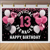 Lofaris Pink Heart Balloons 13th Birthday Backdrop, Official 13 Teenager Girl Milestone Party Decoration