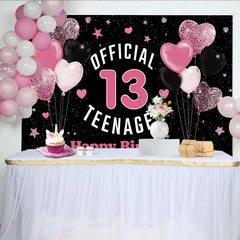 Lofaris Pink Glitter Hearts 13th Birthday Backdrop, Official 13 Teenager Milestone Party Decoration