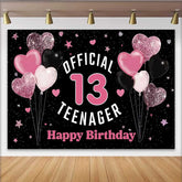 Lofaris Pink Glitter Hearts 13th Birthday Backdrop, Official 13 Teenager Milestone Party Decoration