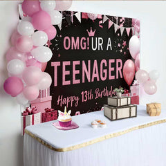 Lofaris Pink and Black OMG UR A TEENAGER Backdrop, 13th Birthday Milestone Party Decoration