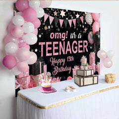 Lofaris Pink Glitter OMG UR A TEENAGER Backdrop, 13th Birthday Milestone Gift Party Decoration
