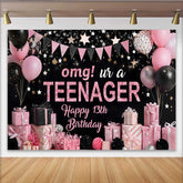 Lofaris Pink Glitter OMG UR A TEENAGER Backdrop, 13th Birthday Milestone Gift Party Decoration