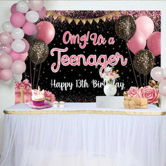 Lofaris Pink Glitter Omg! Ur a Teenager 13th Birthday Backdrop, Pink and Black Milestone Party Decoration