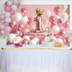 Lofaris 3D Pink and White Balloons 1st Birthday Backdrop, Gold Crown and Number 1 Party Decoration