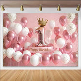 Lofaris 3D Pink and White Balloons 1st Birthday Backdrop, Gold Crown and Number 1 Party Decoration