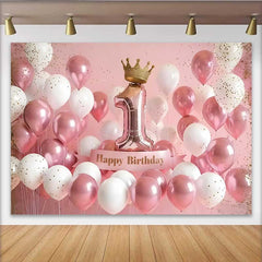 Lofaris 3D Pink and White Balloons 1st Birthday Backdrop, Gold Crown and Number 1 Party Decoration
