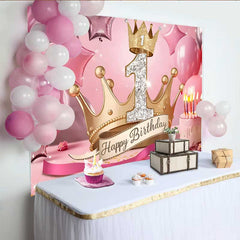 Lofaris Royal Gold Crown 1st Birthday Backdrop, Pink Stars and Cake Milestone Party Decoration