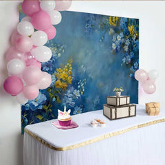 Lofaris Fine Art Blue and Yellow Floral Oil Painting Backdrop, Abstract Botanical Studio Background
