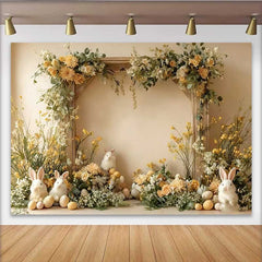 Lofaris Easter Bunny and Yellow Floral Backdrop, Spring Garden Rabbit and Eggs Party Decoration