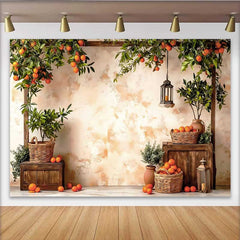 Lofaris Rustic Spring Orange Harvest Backdrop, Mediterranean Garden and Lanterns Background