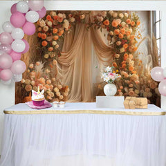 Lofaris Boho Fall Harvest Indoor Backdrop, Elegant Draping and Orange Floral Party Decoration